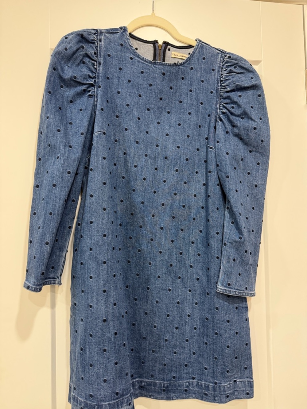 Ulla Johnson Blue Denim Polka Dot Puff-Sleeve Dress
